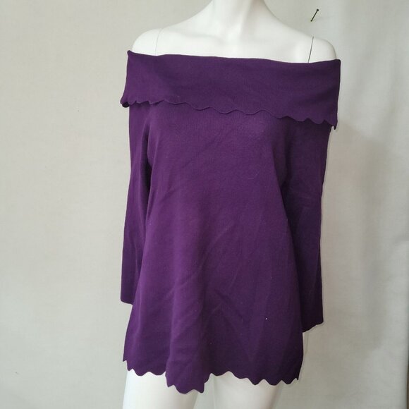 Cable & Gauge Sweater Women L Purple Off- Shoulder Wide Collar Scalloped Hem New - Picture 3 of 13